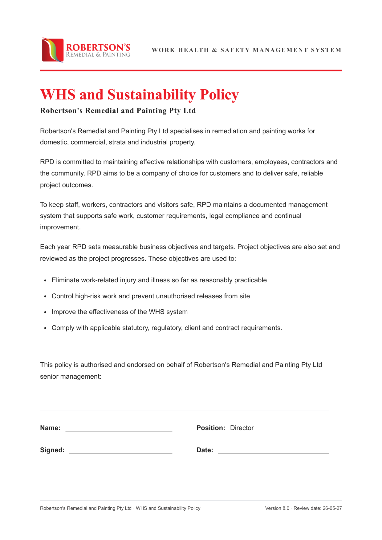 WHS and Sustainability Policy — Robertson's Remedial and Painting Pty Ltd
